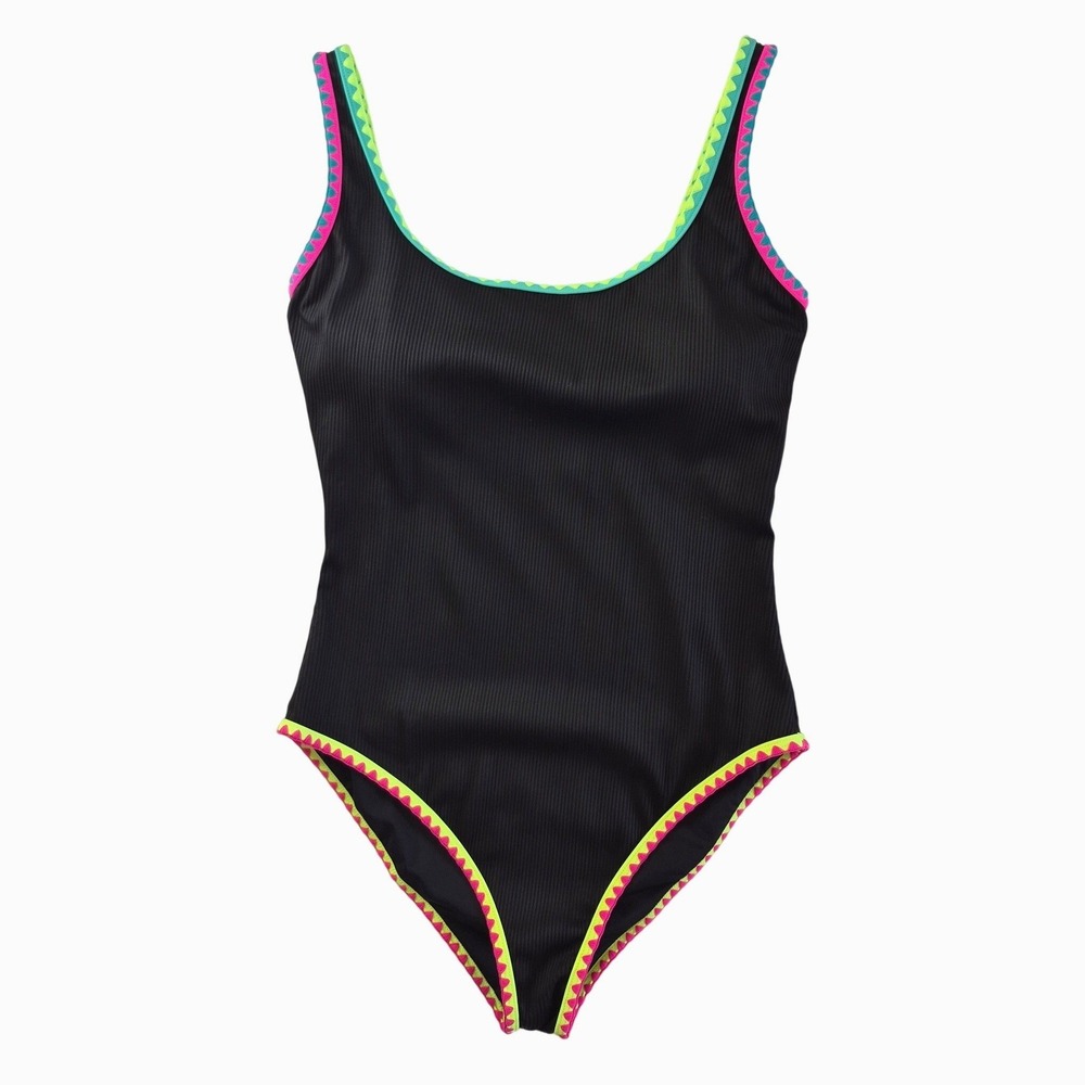 Popvil Womens One Piece Swimsuit Black Ribbed Neon Ric Rac Trim Size‎ Large